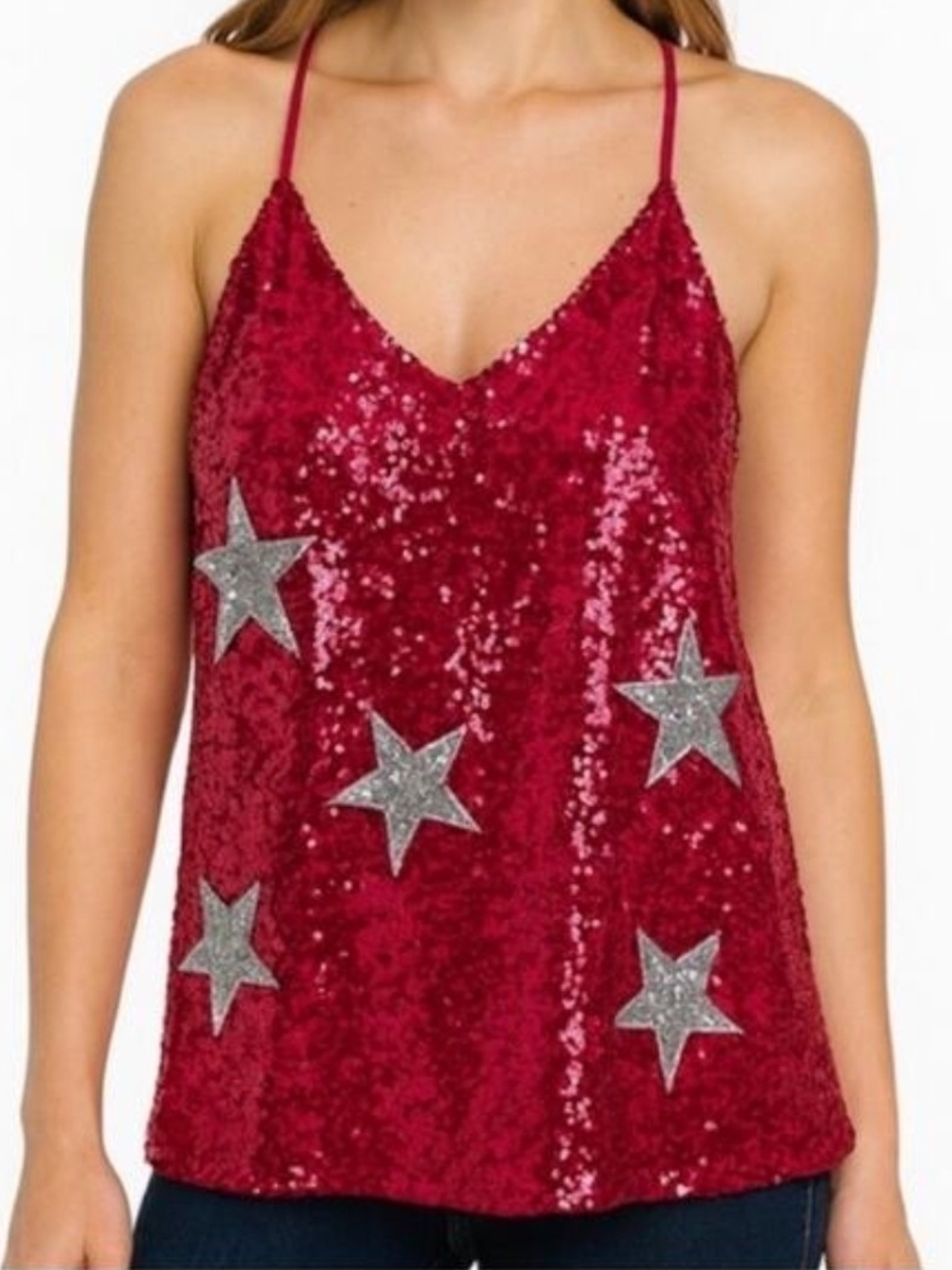 Pink & Silver Sequin Star Cami Tank M-2XL